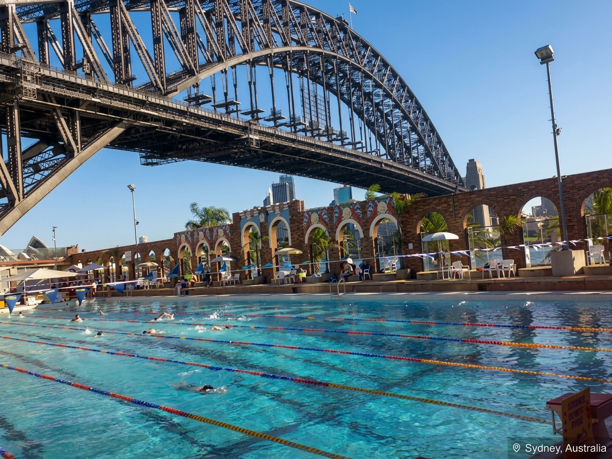 Sydney Harbour Bridge over North Sydney Olympic Pool lanes, symbolizing bridge-building and structured teamwork supported by DISC communication skills training.